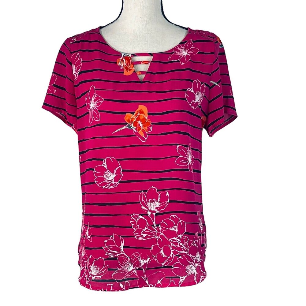 APT 9 Medium Top Floral Striped Round Keyhole Neck Short Sleeve Fuchsia Pink